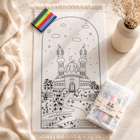 Colorable Kids' Prayer Mat Set – Incl. 12 Pens + Personalization Card – Washable & Reusable – Bayram / Eid Gift