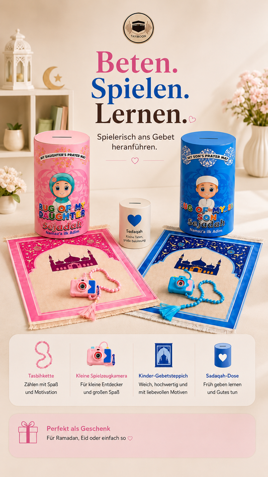 Kids Prayer Set "My First Prayer Mat" – Complete Set with Piggy Bank, Tasbih & Small Toy Camera – Perfect Gift for Eid / Bayram